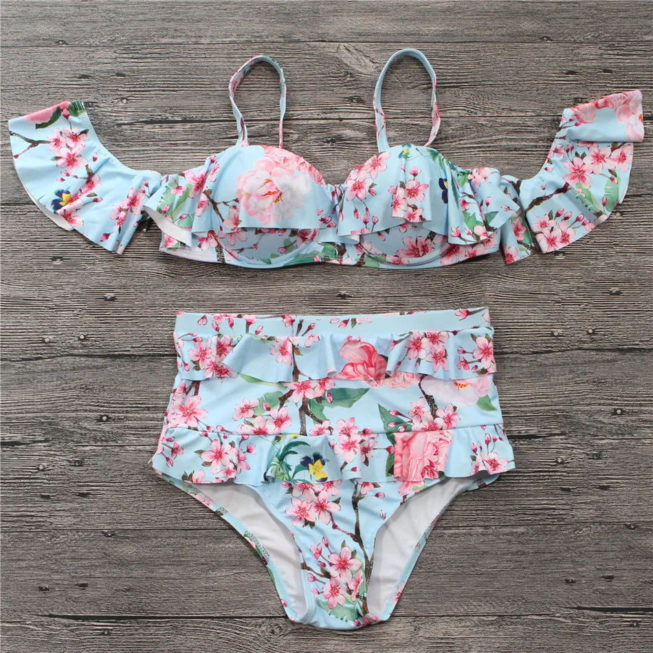 

NIDALEE 2018 Off Shoulder Ruffle Bikini Set Bandeau Summer Bathing High Waist Sexy Swimming Suit Padded Floral Bandage Biquini