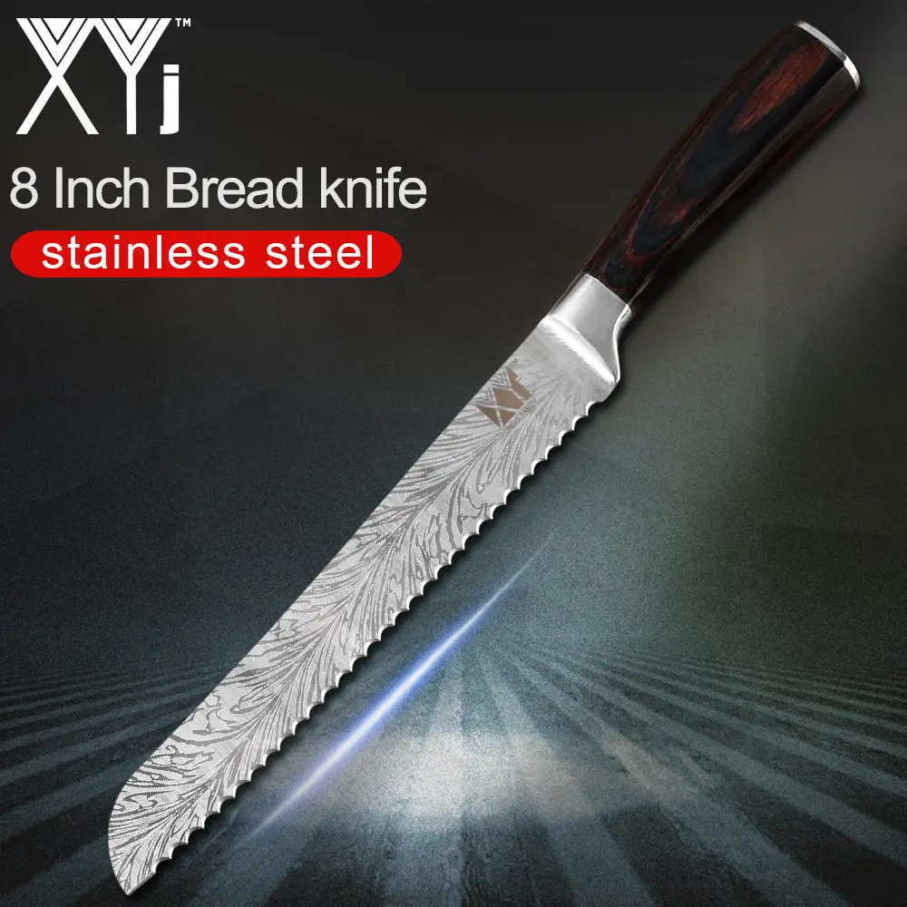 XYj нож из нержавеющей стали с красивым узором 7cr17, лезвие из нержавеющей стали, цветные кухонные ножи с деревянной ручкой, набор ножей из 8 предметов - Цвет: 8 inch Bread Knife