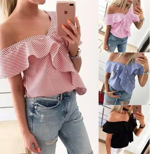 

2019 Women Off Shoulder Blouse Summer Sexy Casual Short Sleeve Ruffle Button Tops Ladies Striped Party Shirts