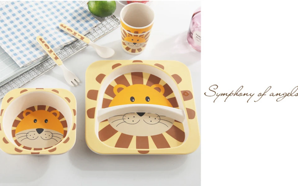 5pcs/set Animal Cartoon Baby Dinnerware Feeding Set Bamboo Fiber Baby Lovely Children Container Tableware Set Kitchen Dinnerware