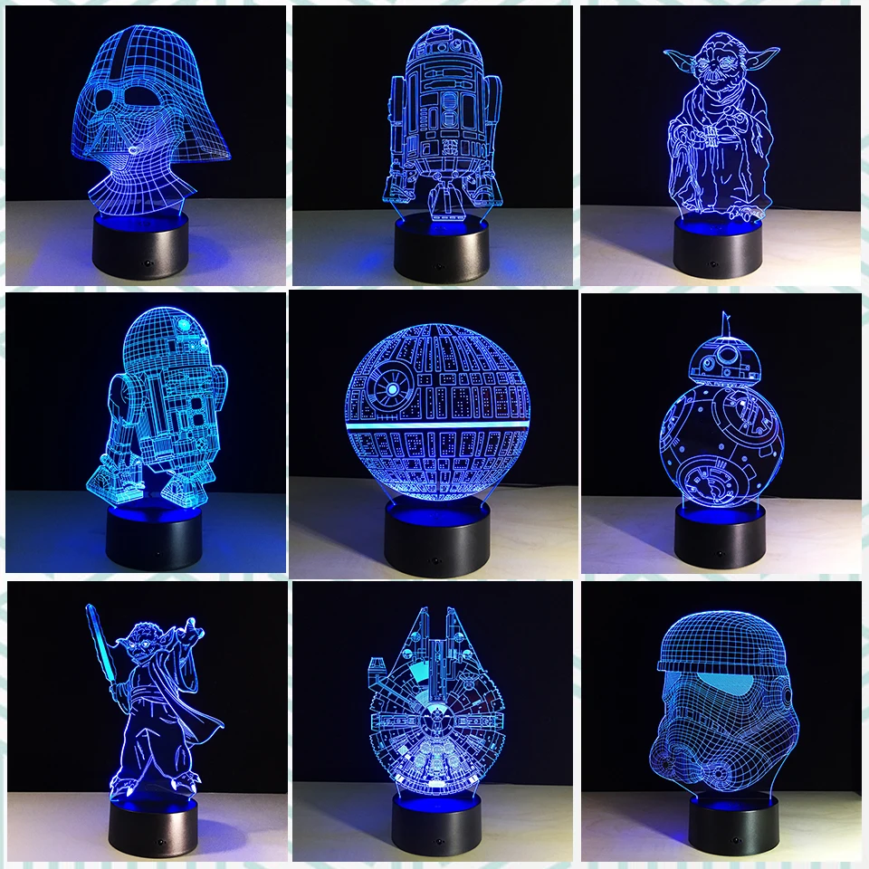 Новый 3D светильник Chaohui модель BB 8 R2D2 Master Yoda Дарт Вейдер USB разноцветный