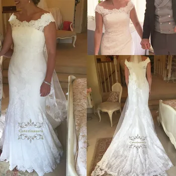 

2019 Women Lace Wedding Dress Cap Sleeves Bride Gown for Girls Mermaid Trumpet Shape Fishtail Scoop Neck