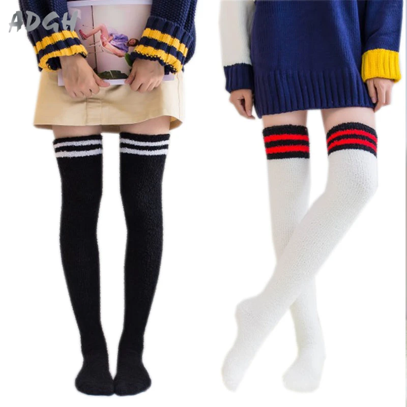 

School Girls Stripes Stockings Winter Warm Fleece Thick Over Knee Stockings Female College Style Lolita Heaps Stockings