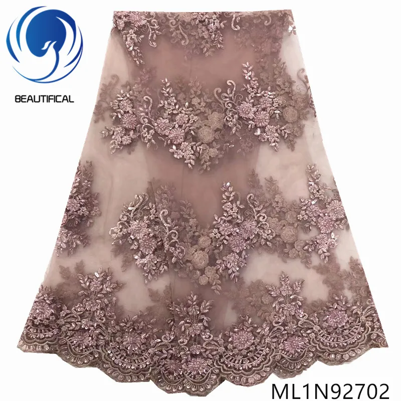 

Beautifical nigerian lace fabrics Latest 5yards embroidery beaded net lace fabric with sequins tulle lace for dress ML1N927