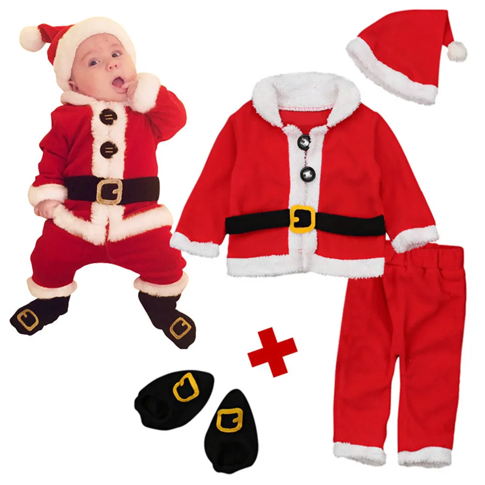 

Cosplay Christmas costume child baby Santa Claus shirt / pants / hat / shoes four-piece Christmas costumes for kids boys girls