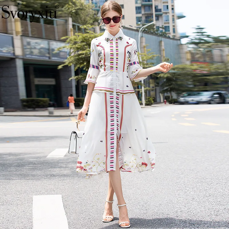 

Svoryxiu Summer Runway Boho Women's Clothes Dresses Flare Sleeve Baroque Print Patchwork Luxurious Diamonds Midi Dress