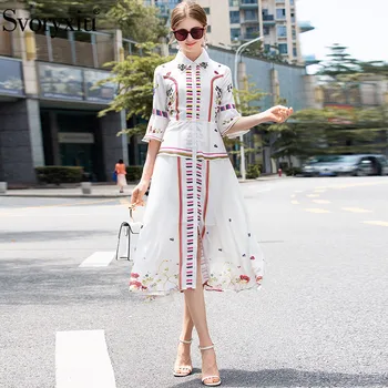 

Svoryxiu Summer Runway Boho Women's Clothes Dresses Flare Sleeve Baroque Print Patchwork Luxurious Diamonds Midi Dress