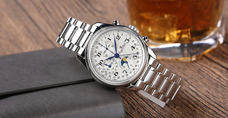 

Luxury Brand New Men Watch Stainless Steel Sapphire Blue Automatic Mechanical Brown Leather Perpetual Calendar Moonphase White