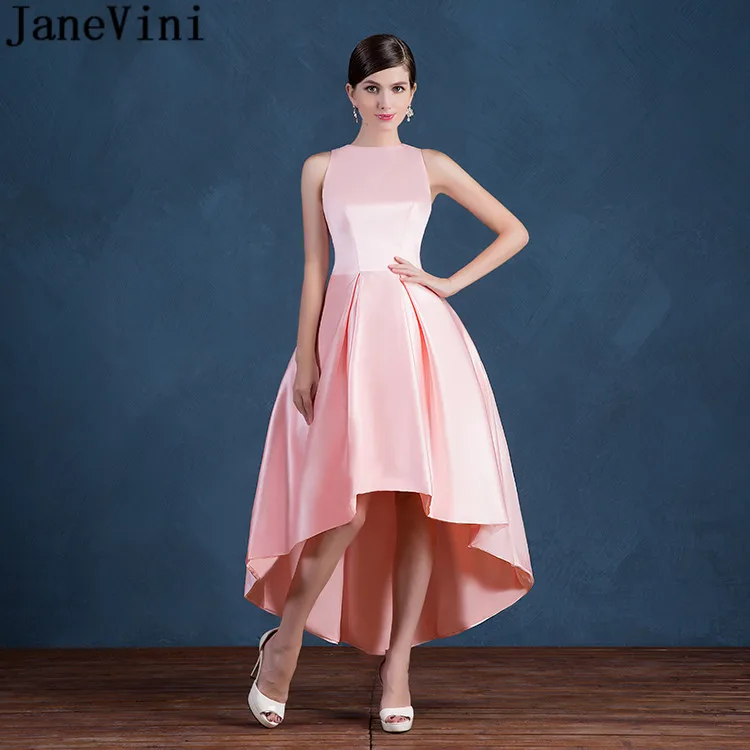 

JaneVini High Low Pink Long Bridesmaid Dresses with Pockets 2018 Satin A Line Pleats Zipper Back Ankle Length Formal Prom Gowns