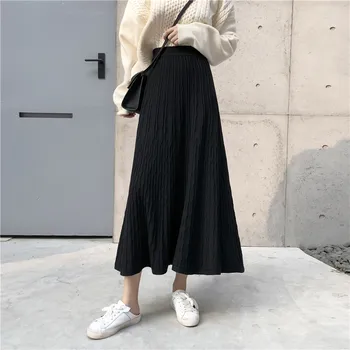 

Lychee Girls Solid Color Women Long Knitted Skirts Empire Waist Female Warm Skirts Autumn Winter Sweet Office Lady Style Skirts