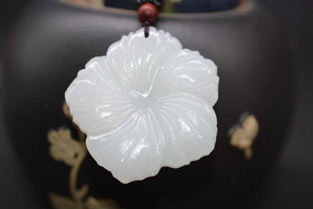 Дропшиппинг Синьцзян белый нефрит Гибискус цветок кулон ожерелье Нефритовый камень Амулет ожерелье с цепочкой для мужчин и женщин