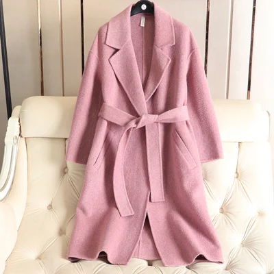 Осенне-зимнее длинное кашемировое пальто Женский Тренч осеннее однотонное пальто тонкий кашемир хорошего качества синяя шерсть C323 - Цвет: pink
