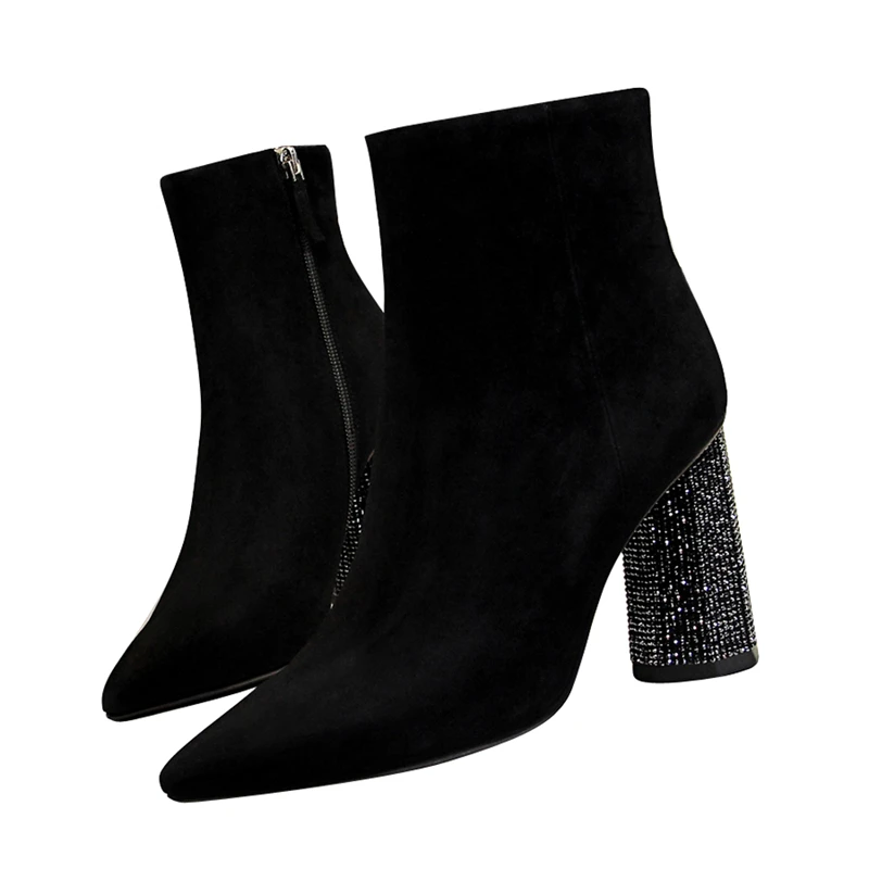 

Shining Round Heel Fashion Ladies Mid C Boot High Heels Pointed Toe Bootie Hidden Zipper Boots Shoes Big Size DS-B0305