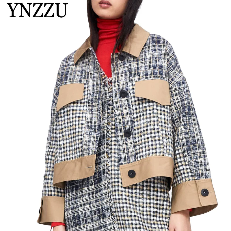 

High Quality 2019 Spring Tweed Jacket Women Casual Single Breast Loose Outwears Patchwork Autumn Womens Jackets and Coats O796