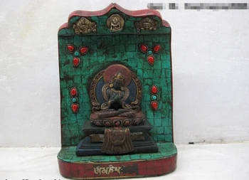 

Collectible bronze lion statue S0403 Tibet Buddhism Wood inlay turquoise Red coral Vajrasattva Buddha Shrines Tangka