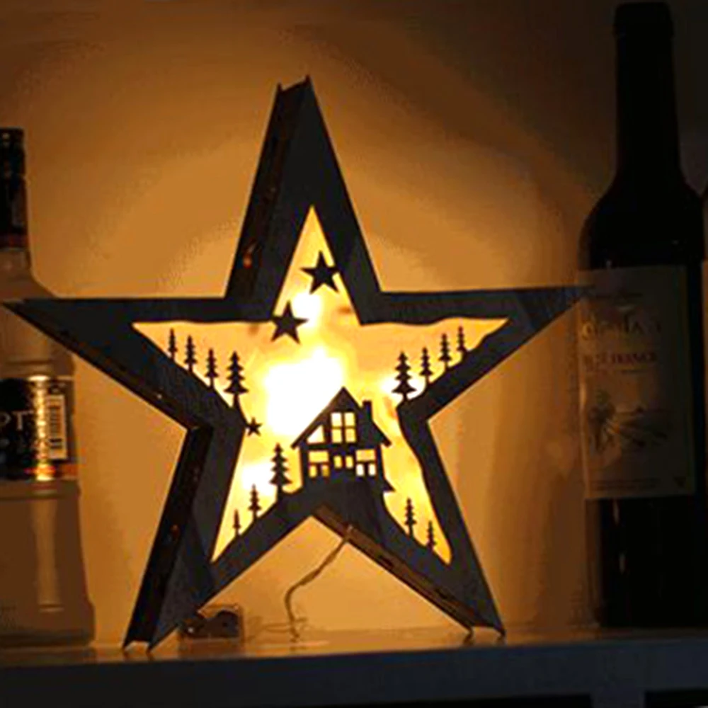 

2018 Christmas Decoration LED Lamps Wooded Star Shaped Xmas Tree LED Night Light Battery Powered Xmas Indoor Decoration Lighting