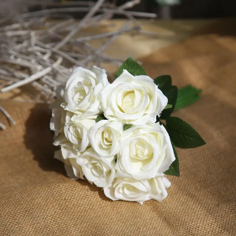 1 букет 9 голов красивая Роза из искусственного шелка Букет цветов домашние вечерние Рождественские Свадебные украшения свадебные искусственные цветы - Цвет: white