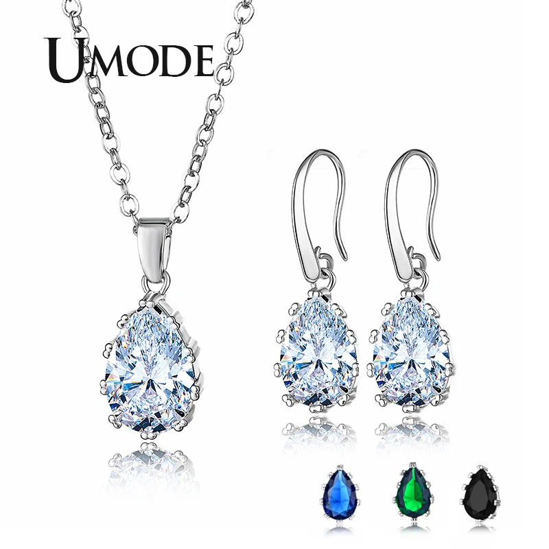 

UMODE 2019 New Fashion Water Drop Pendant Necklace and Earrings Set for Women Blue Black Green Zircon White Gold Jewelry AUS0082