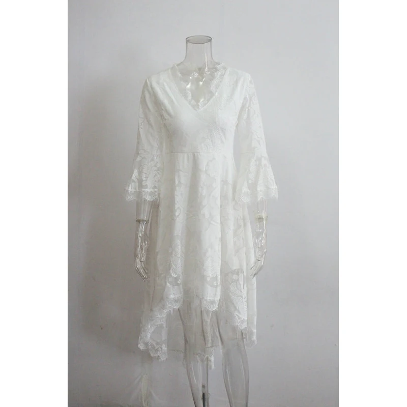 Новое весеннее летнее женское кружевное белое платье с v-образным вырезом и расклешенными рукавами, сексуальные пляжные вечерние платья в стиле бохо, мини Femme Robe Club M0103
