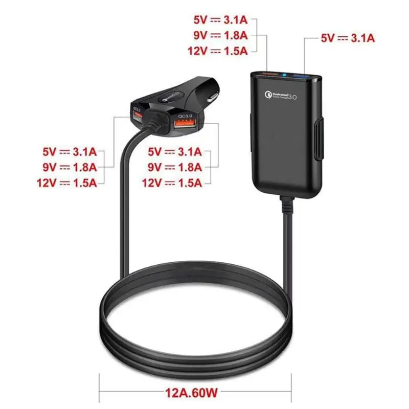 Универсальный QC3.0 автомобиля зарядное устройство 4 порты USB с 1,6 м/5.2ft 1,6 м удлинитель Кабель+ зажим для заднего сиденья зарядки Авто Быстрая зарядка