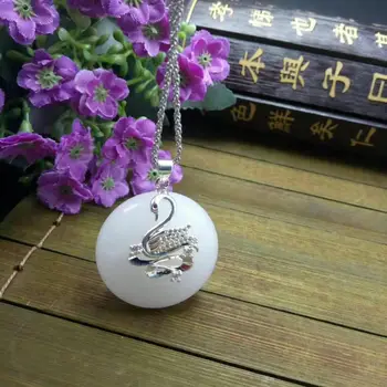 

Koraba Fine Jewelry Beautiful Chinese Natural White Jade Swan Safety Buckle Pendant Necklace Free Shipping