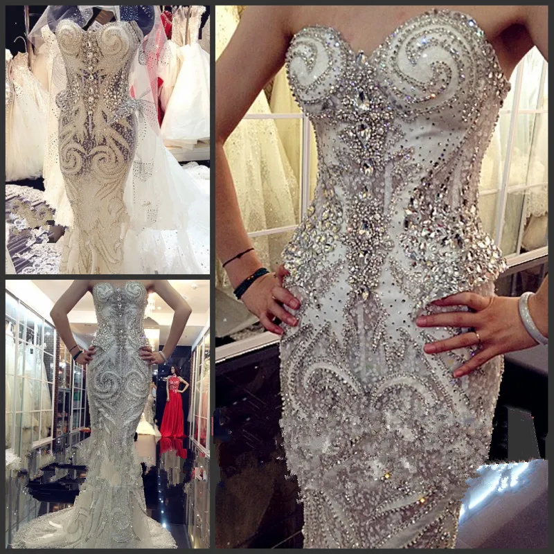 

Custom Made Luxury Mermaid Wedding Dresses Sweetheart Crystal Beaded Diamond Sequins Wedding Gowns Sexy 100% Real Photo EV01M