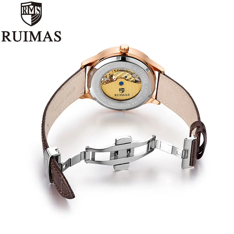 Ruimas Мужские механические часы Tourbillon Роскошные модные брендовые кожаные мужские