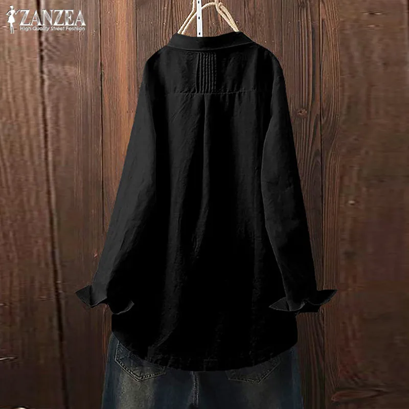 Винтажная женская блузка из хлопка и льна ZANZEA размера плюс Женская Туника Необычные Топы сорочка с длинным рукавом плиссированные блузки