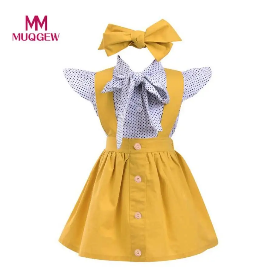 

3Pcs clothes sets Toddler Infant Baby Girls Dot Print Yellow Tops Sleeveless O-Neck T Shirt Strap newest style hot sale Skirt