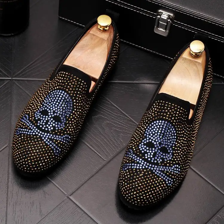 

ERRFC British Luxury Mens Gold Loafer Shoes Fashion Designer Slip On Man Trending Casual Shoes Rhinestone Charm Skull Size 38-43
