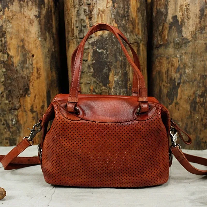 

Vintage Hollow Out Designer Genuine Leather Women Single Cross Shoulder Bag Cowskin Ladies Female Red Purse Medium Soft Handbag