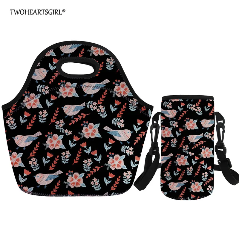 

Twoheartsgirl Flowers Bird Printed Picnic Lunch Bag Neoprene Food Lunchbag Box Thermal Insulated Pouch for Women Bottle Cover