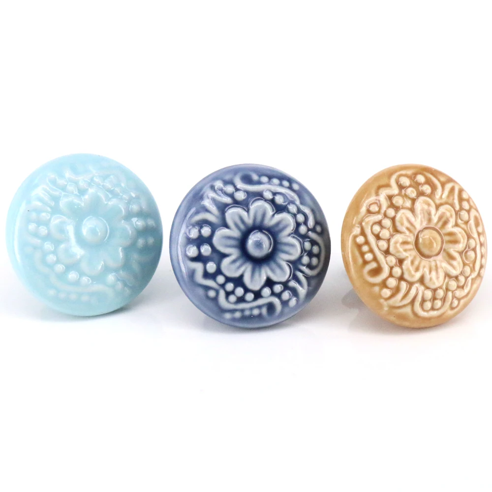 Flower Engraved Round Ceramic Porcelain Cupboard Drawer Door Furniture Knob Handle Pull