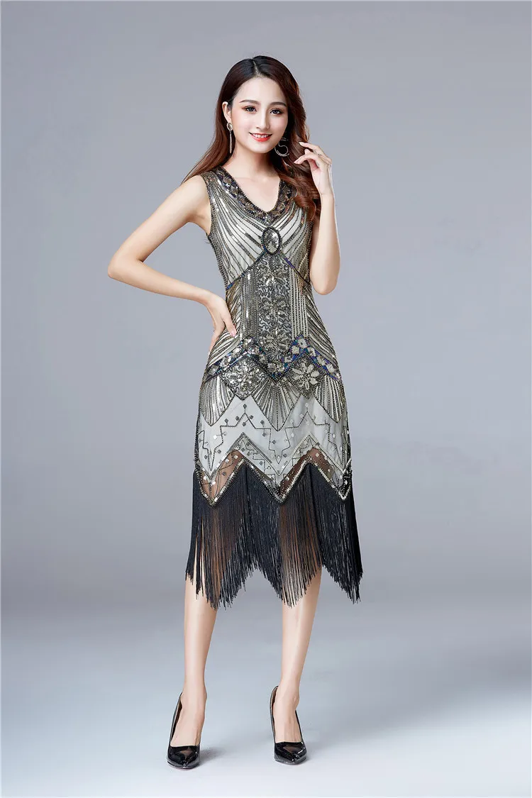 Женское винтажное платье Грейт Гэтсби 1920 s, платье с блестками, v-образный вырез, кисточка, бодикон, расшитое бисером, бальные платья для латинских танцев, вечерние платья