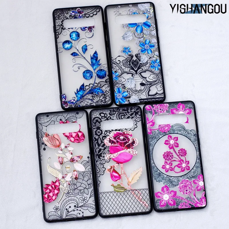 

YISHANGOU 3D Relief Flower Lace Case For Samsung Galaxy S10 Plus S10E S8 S9 Note 9 A7 A6 A8 2018 Diamond Floral Clear Hard Cover