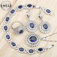 925 стерлингового серебра женщин цветок Синий Циркон Ювелирные наборы браслеты/ожерелье/кулон/серьги кольца с белыми камнями подарочная коробка