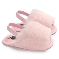2018 новые детские для маленьких девочек мягкая подошва искусственная обувь на меху плюшевые Сандалии-шлепанцы летняя сандалии принцессы