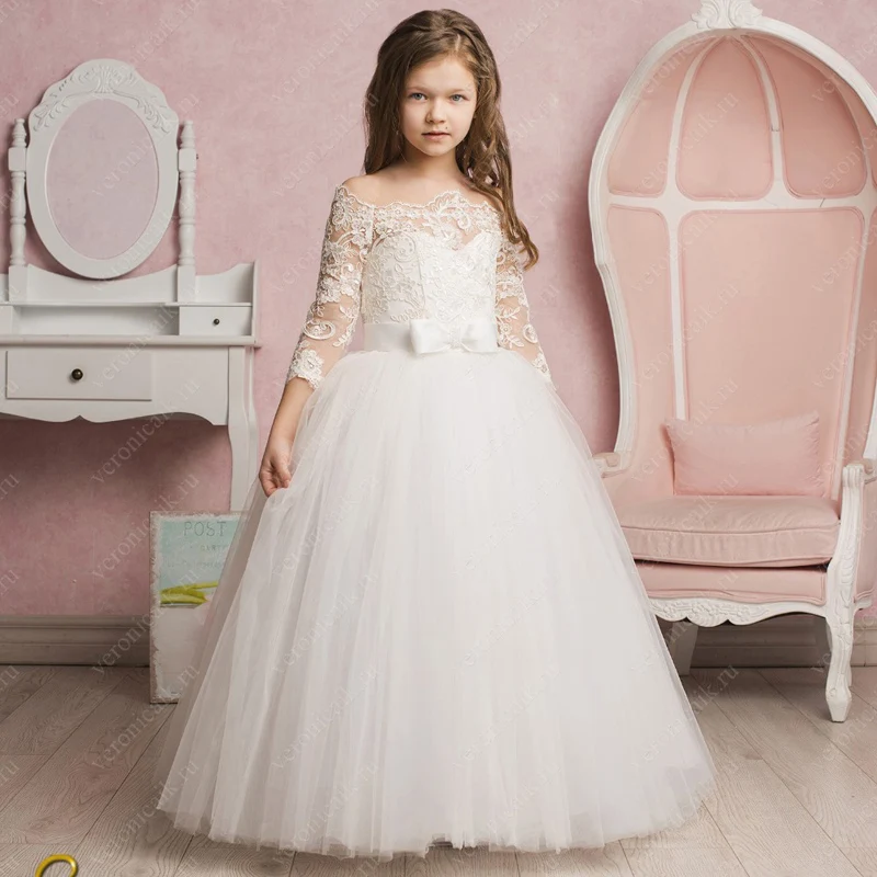 

White/Ivory Off Shoulder Lace Flower Girls Dresses for Wedding Three Quarter Sleeves Princess Communion Gown
