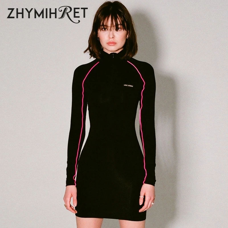 

ZHYMIHRE 2019 Autumn Neon Color Striped Bodycon Dress Long Sleeve Zipper Letter Print Party Dress Black Sexy Vestidos Streetwear