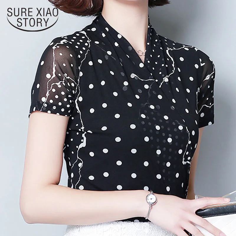 

Womens tops and blouses 2019 ladies tops chiffon blouse dot short top for women Ruffles V-Neck black shirt plus size 4338 50