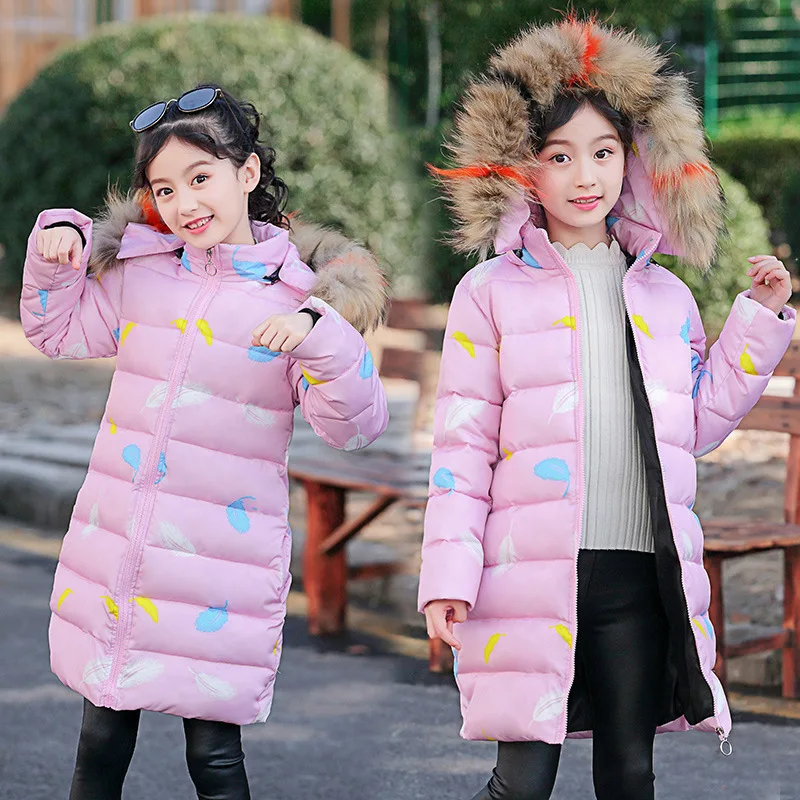 

Girls Warm Printed feather Big Fur Collar Hooded Jackets Coats Children Fashion Cotton-padded Outerwear Coats Girl Casual Jacket