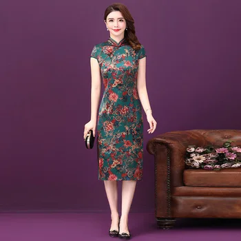 

2020 Summer New Chinese Retro Wind Printing Women Elegant Temperament Short Sleeved Improvement Middle Aged Mother Silk Dress