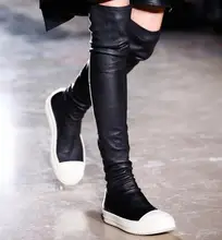 Hot Selling Stretch Leather Stocking Over-the-Knee Boots Black Cap Toe Slip-on Boots Rubber Sole Flat Thigh High Boots Size 43 hot selling black leather height increasing woman boots round toe knee high boots 2017 winter gold chains wedge boots