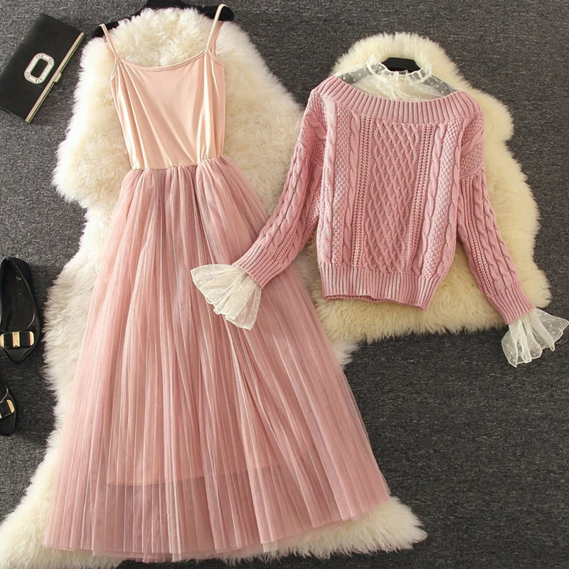 

2018 autumn winter women 2 pieces dresses suits knitted sweater and pullovers and A-line ruffles dresses suits