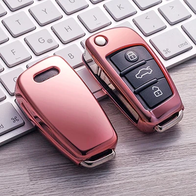 Подарок ТПУ яркое покрытие Мягкий силиконовый чехол для ключей от машины для Audi Q3 A4L A6L Q5 Q7 A1 A3 откидной ключ чехол 6 цветов автомобильные аксессуары - Название цвета: Розовый
