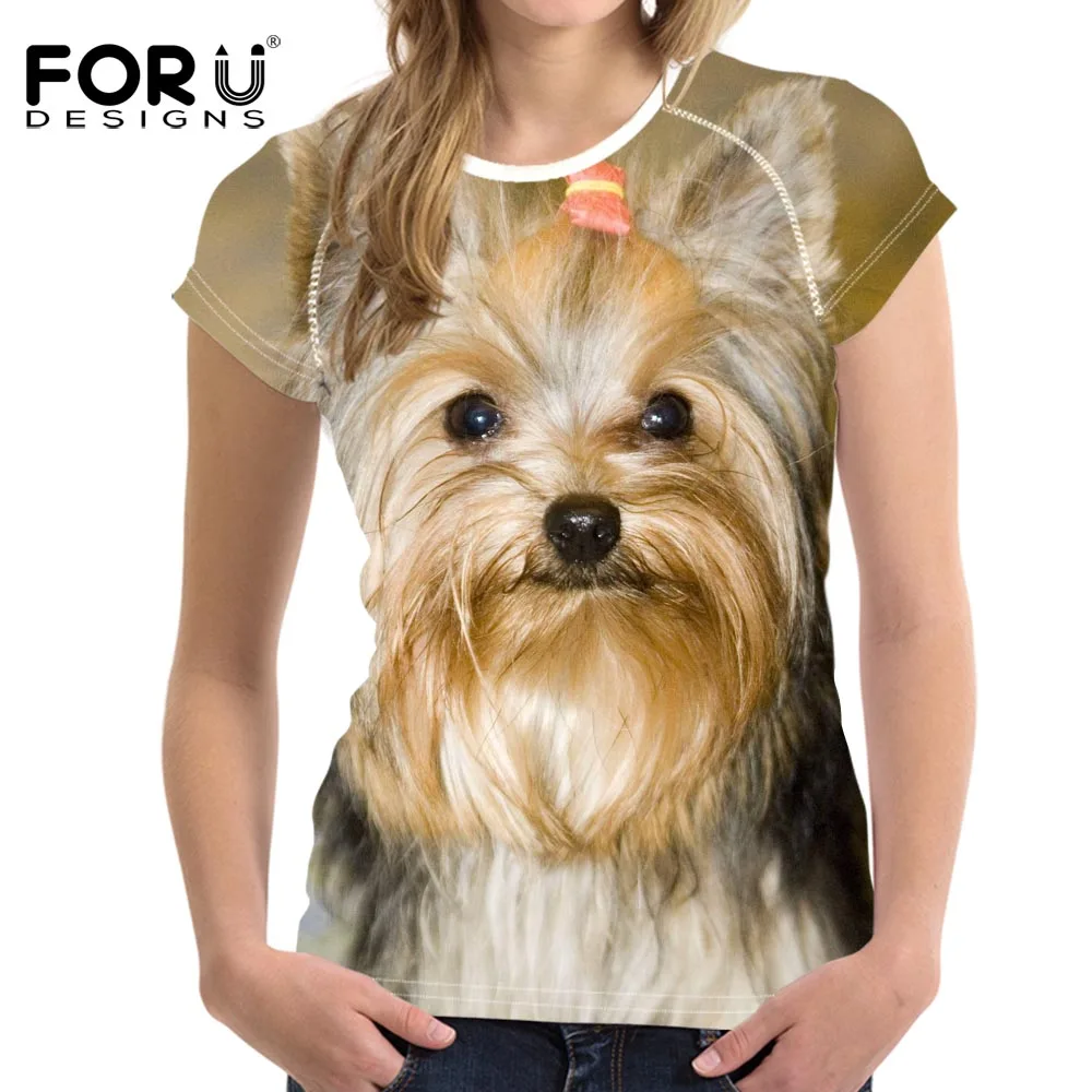FORUDESIGNS/брендовая дизайнерская женская футболка Забавные футболки для девочек с 3D принтом собаки йоркширского терьера модная футболка с круглым вырезом и короткими рукавами