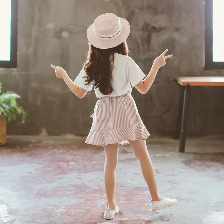 2019 Summer Children Clothing Set For Teenage Girls Fashion Letter Flower Tshirt Ruffles Skirt 2Pcs Kids Clothes Suit 10 12 Year (10)
