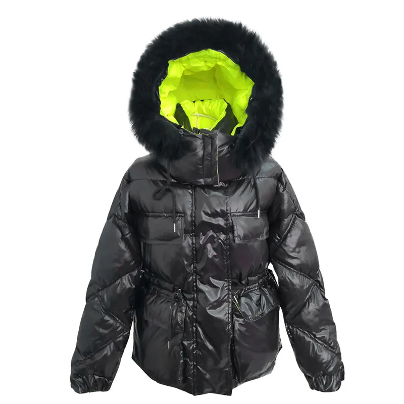 Для женщин зимние хлопковые пальто модный большой меховой воротник яркая с капюшоном пуховики и парки парка Для женщин свободная детская утепленная верхняя одежда; теплая HS678
