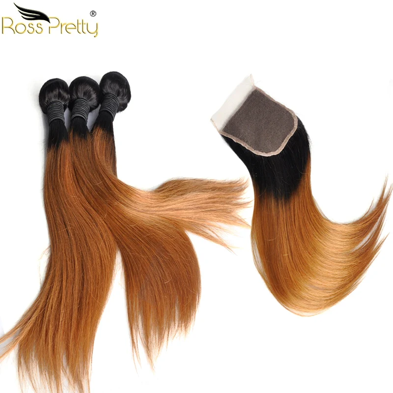Ross милые волосы Ombre 1b 30 Remy человеческие волосы пучки с закрытием бразильские прямые волосы с кружевом цвет 1b коричневый