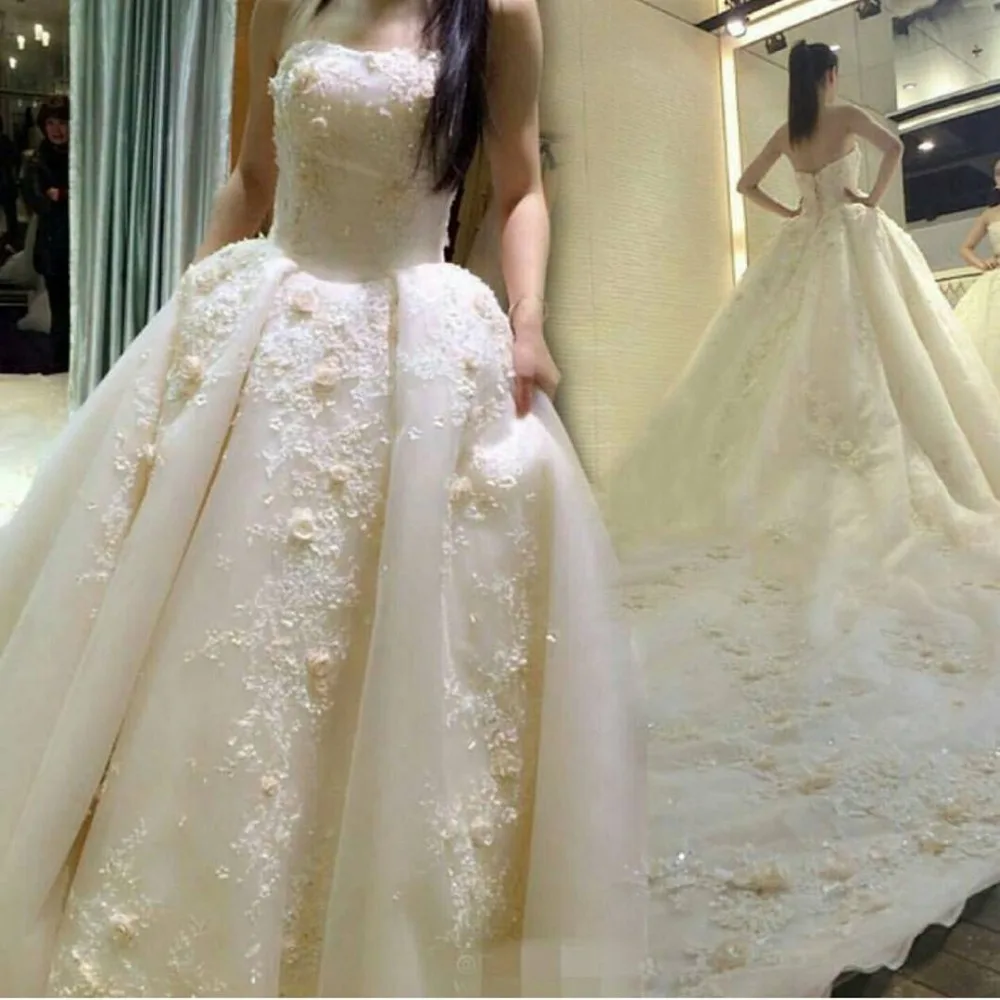 Элегантный Органзы 3D-flora Аппликации Свадебные Платья Vestidos де noiva Без Бретелек